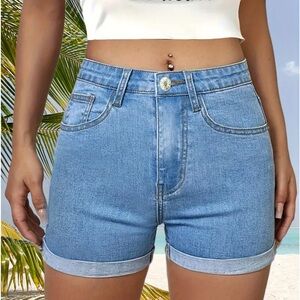High Waist Short Denim Pants, Rolled Hem High Rise Slim Fit Slash Pockets Short